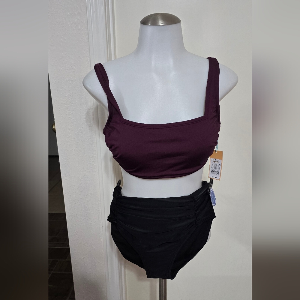 #00950 Plum Bikini Top and Black High-Waisted Bottoms